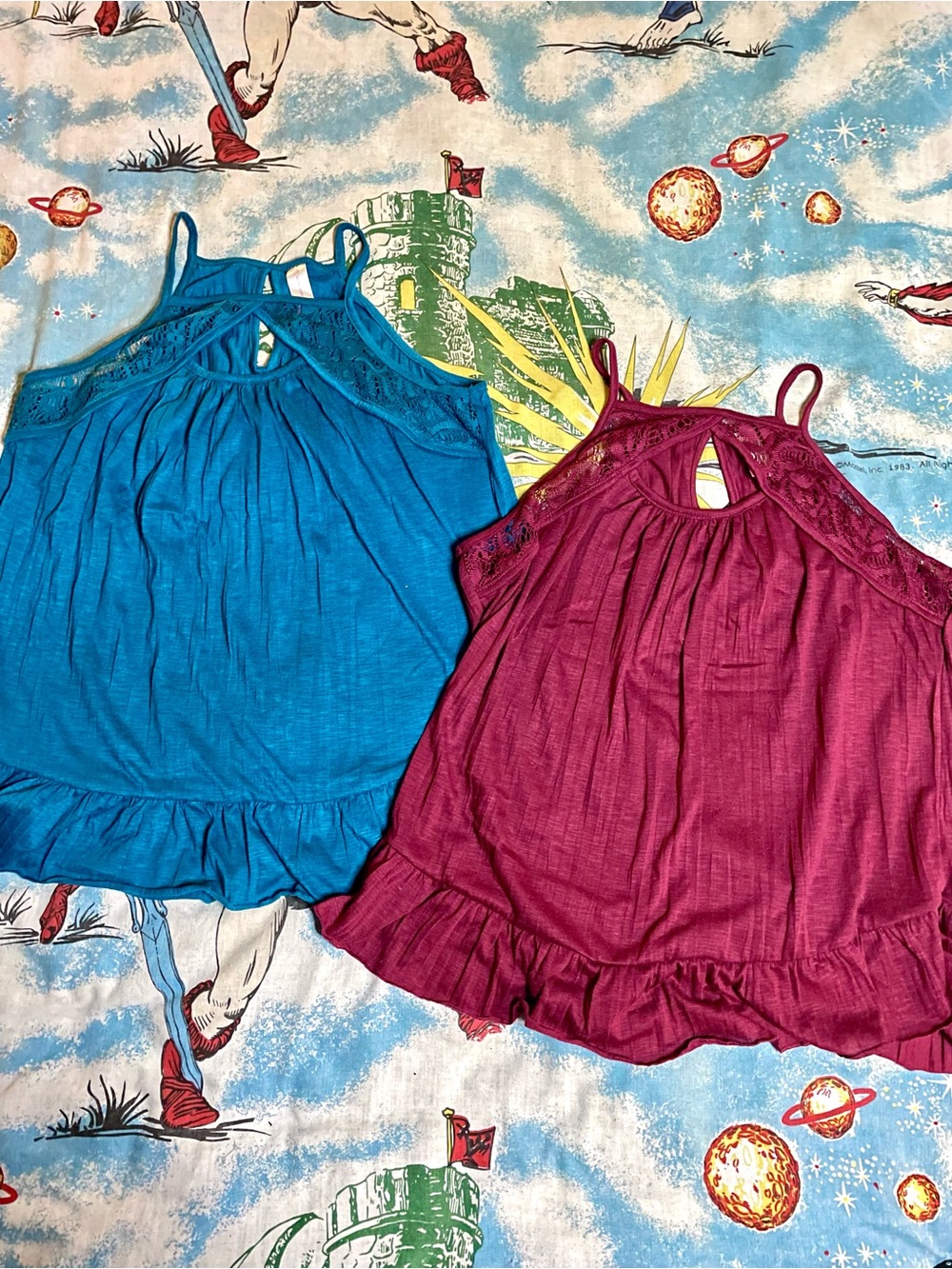 Women’s Sleeveless Crochet Yoke Tank Top — Teal & Berry (Two-Pack) Large